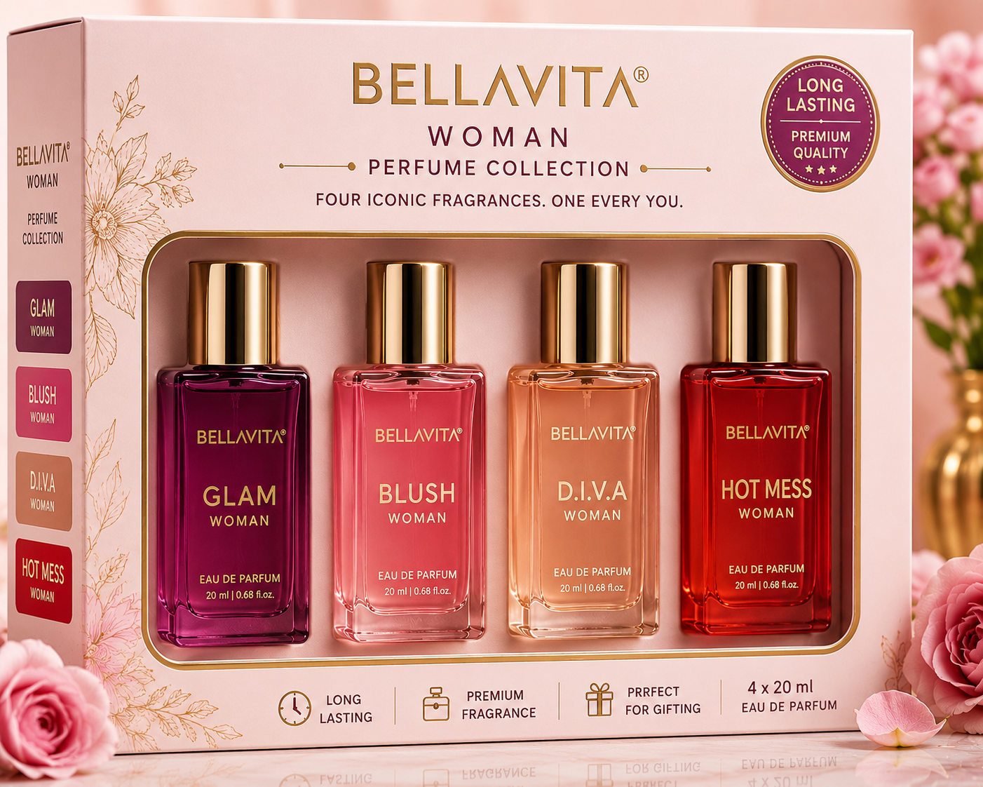 BellaVita Women’s Perfume Gift Set – 4 × 20ml | GLAM, BLUSH, D.I.V.A & HOT MESS