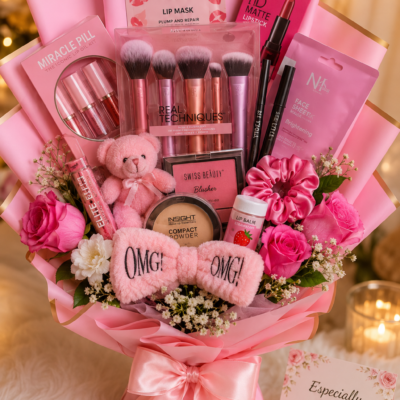 Premium Pink Makeup Gift Bouquet – Makeup & Beauty Hamper | Perfect Gift for Her