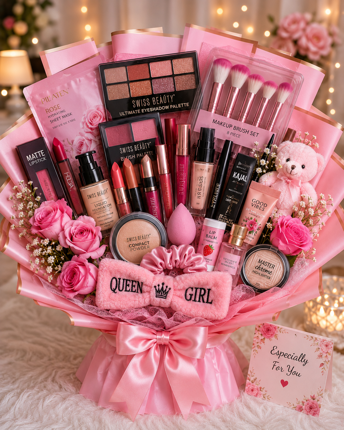 Luxury Pink Makeup & Beauty Gift Bouquet – 20+ Items | Premium Gift for Her