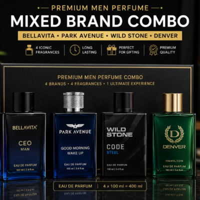 Premium Mixed Brand Perfume Combo for Men – BellaVita + Park Avenue + Wild Stone + Denver (Pack of 4)