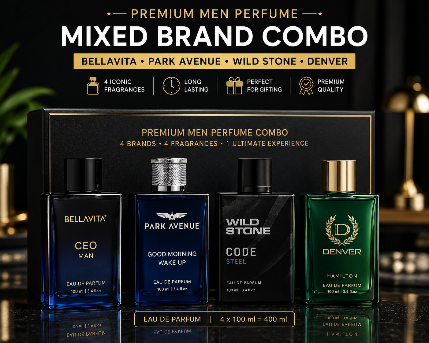 Premium Mixed Brand Perfume Combo for Men – BellaVita + Park Avenue + Wild Stone + Denver (Pack of 4)