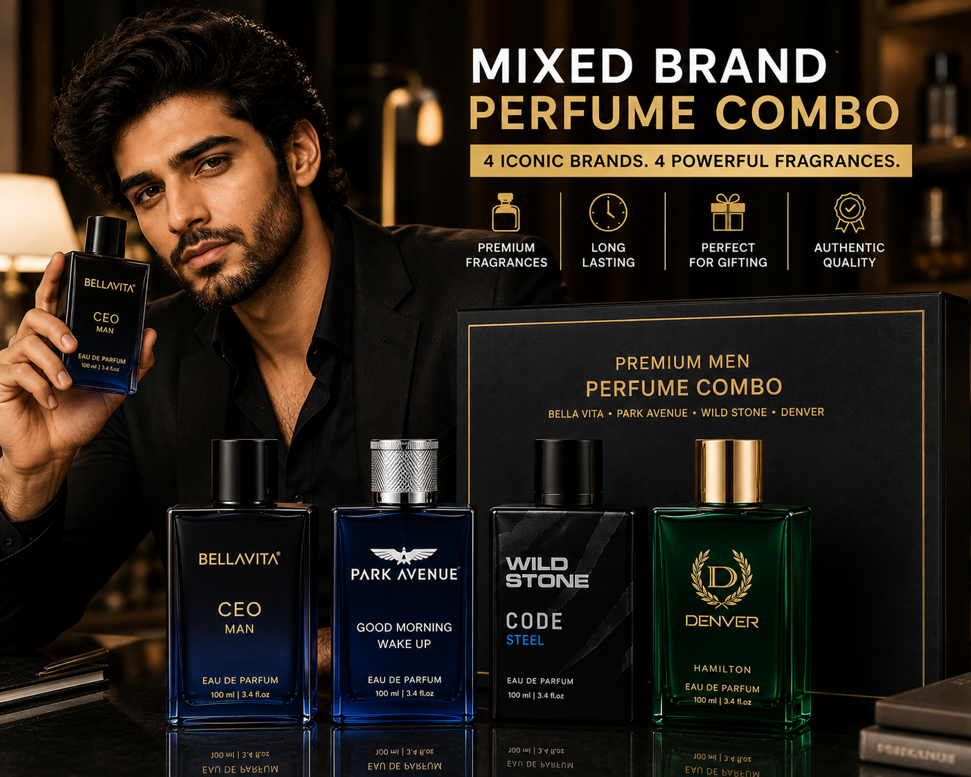 Premium Mixed Brand Perfume Combo for Men – BellaVita + Park Avenue + Wild Stone + Denver (Pack of 4) - Image 2