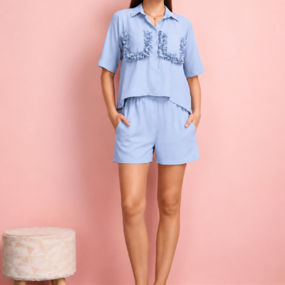 Women’s Sky Blue Ruffle Detail Shirt & Shorts Co-Ord Set