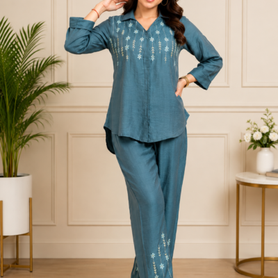 Women’s Teal Blue Floral Embroidered Co-Ord Set