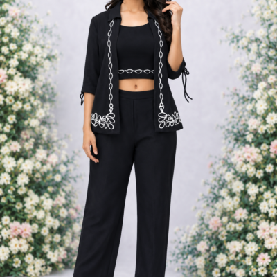 Women’s Black Embroidered Jacket, Crop Top & Wide-Leg Pants Set