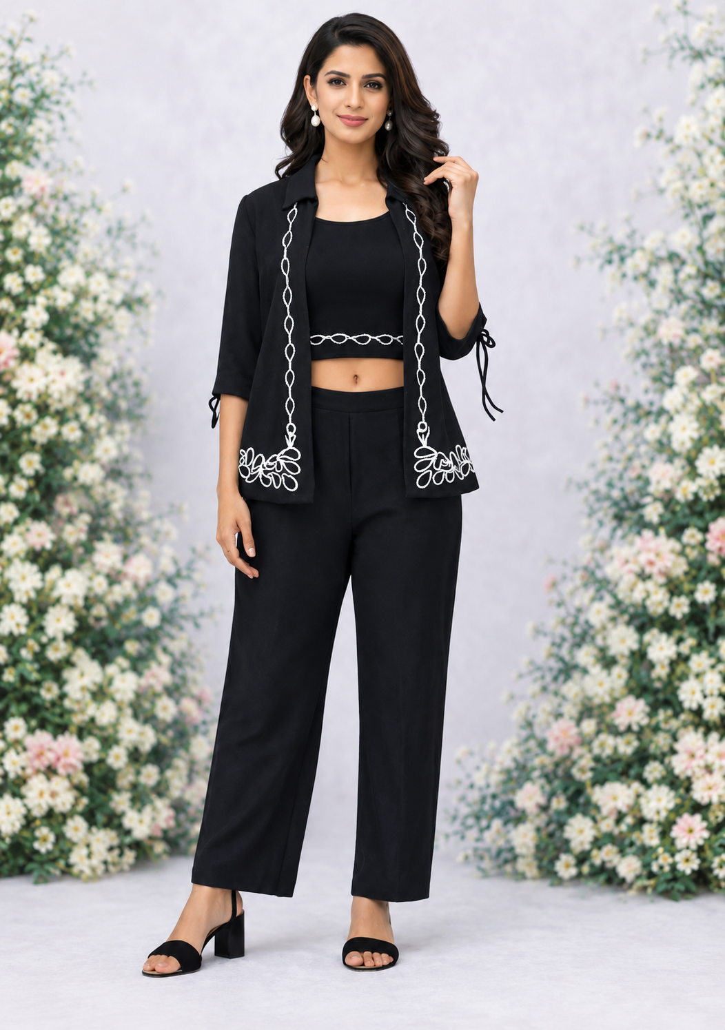 Women’s Black Embroidered Jacket, Crop Top & Wide-Leg Pants Set