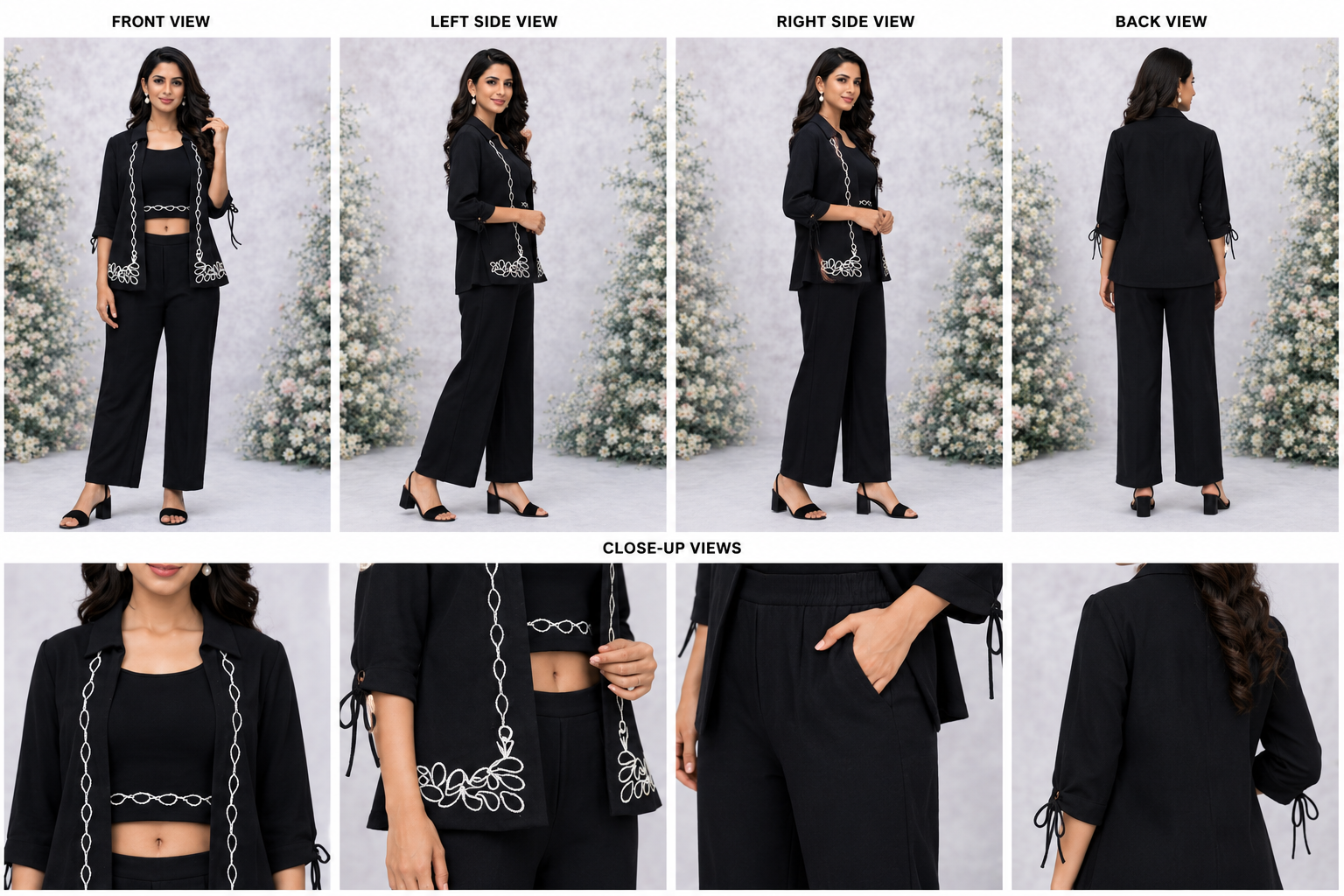 Women’s Black Embroidered Jacket, Crop Top & Wide-Leg Pants Set - Image 2