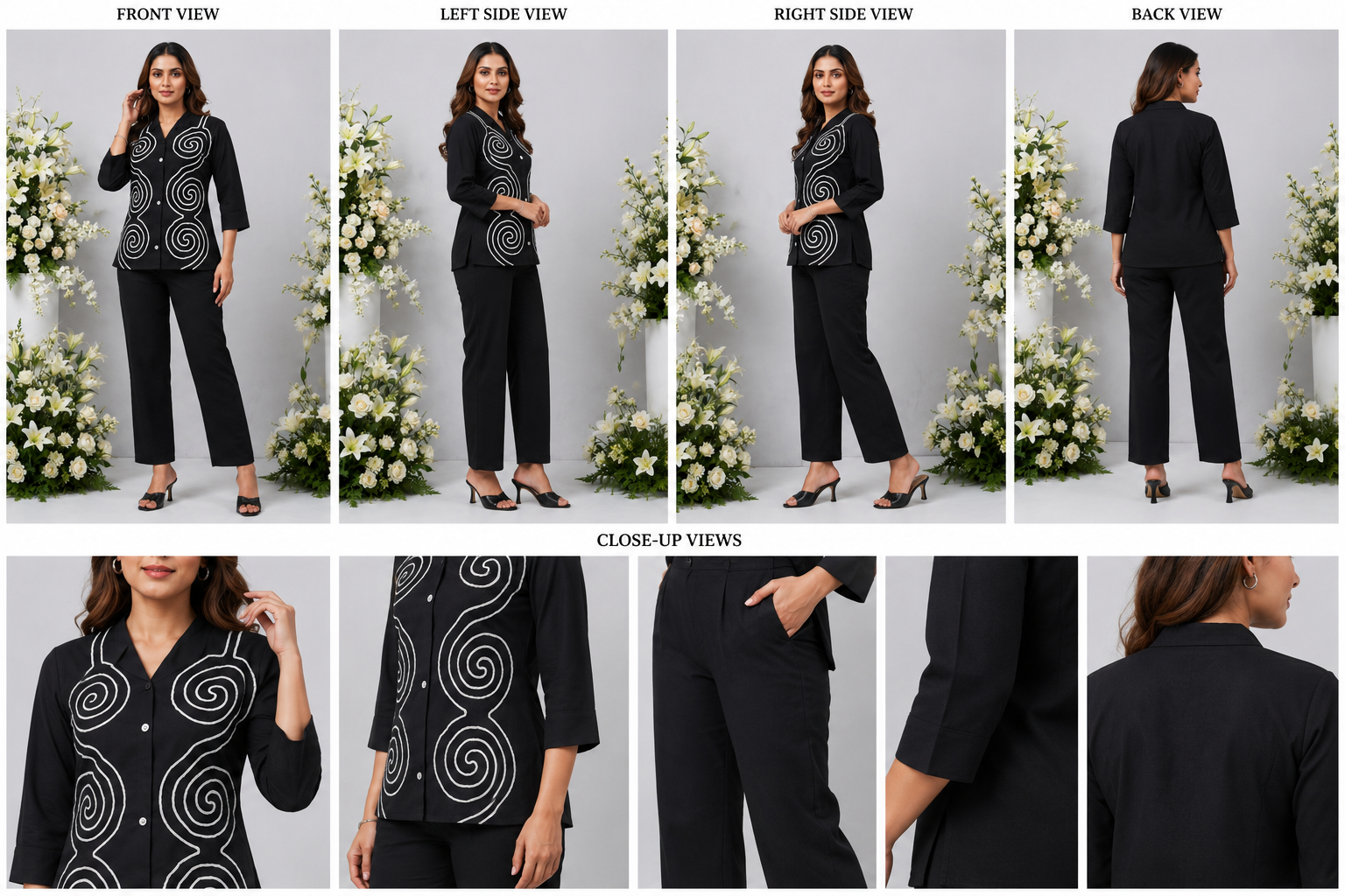 Women’s Black Spiral Embroidered Shirt & Pant Set - Image 2