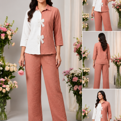 Women’s Dusty Rose & White Bow Detail Co-Ord Set