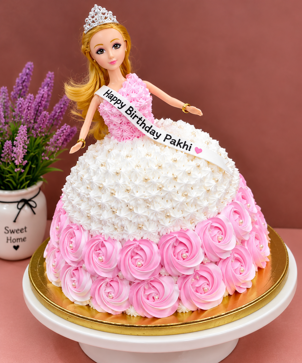 Princess Doll Pink & White Birthday Cake