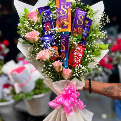 Premium Pink Rose & Assorted Chocolate Bouquet | Feeling Celebration