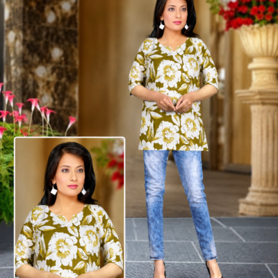 Olive Green Floral Printed Women’s Kurti
