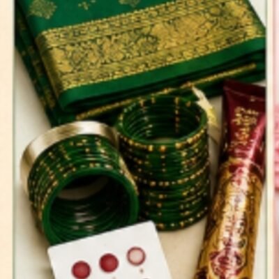 Teej Green Saree & Traditional Accessories Combo | Feeling Celebration