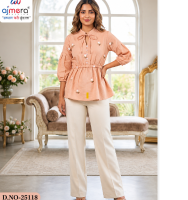 Women’s Peach Embroidered Peplum Top with Cream Trousers