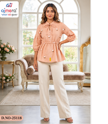 Women’s Peach Embroidered Peplum Top with Cream Trousers