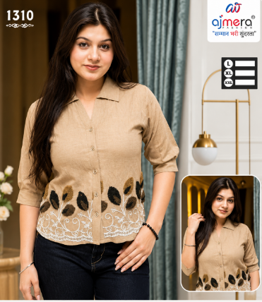 Women’s Beige Embroidered Button-Up Shirt
