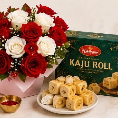 Red & White Rose Bouquet with Kaju Roll Gift Combo