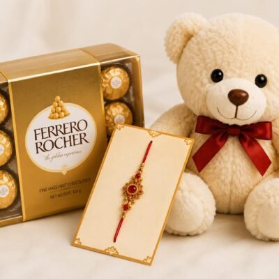 Teddy Bear & Ferrero Rocher Designer Rakhi Gift Combo