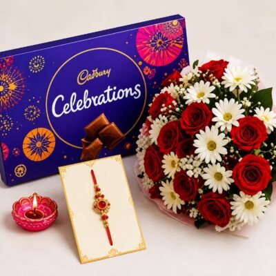 Cadbury Celebrations Chocolate & Red Rose Bouquet with Designer Rakhi Gift Combo