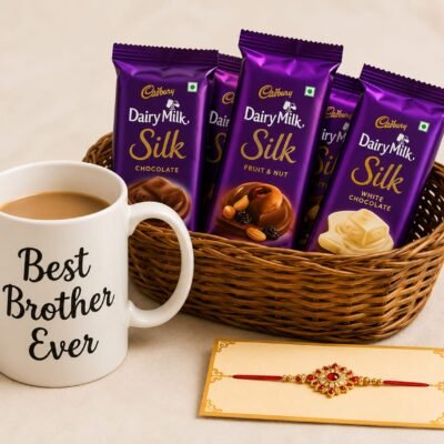 Best Brother Ever Mug & Cadbury Dairy Milk Silk Chocolate Basket with Designer Rakhi