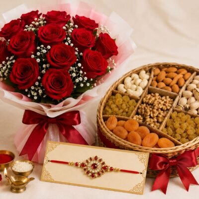 Premium Red Rose Bouquet & Assorted Dry Fruit Basket with Designer Rakhi