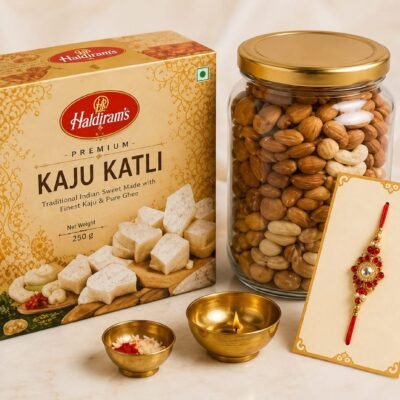 Haldiram's Kaju Katli & Premium Dry Fruit Jar with Designer Rakhi Gift Combo