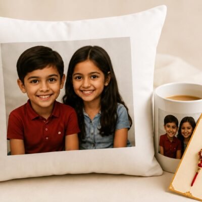 Personalized Brother-Sister Photo Cushion & Mug with Designer Rakhi Gift Combo
