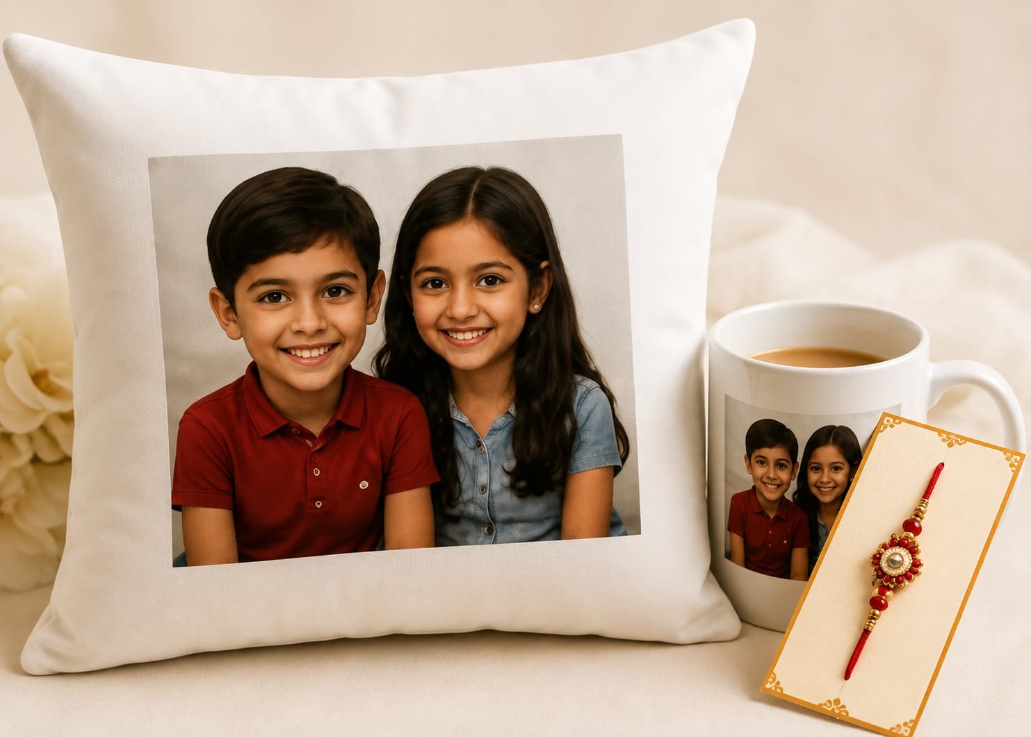 Personalized Brother-Sister Photo Cushion & Mug with Designer Rakhi Gift Combo
