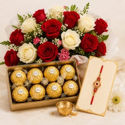 🌹🍫 Premium Red & White Rose + Ferrero Rocher Rakhi Hamper