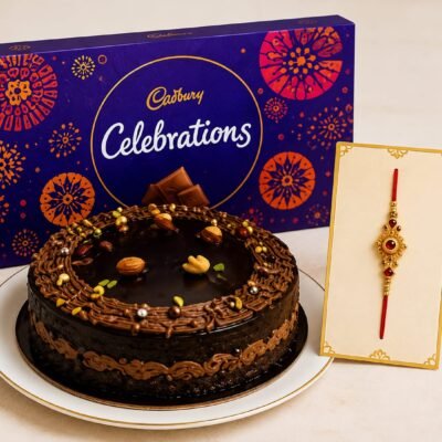 Raksha Bandhan Chocolate Cake with Cadbury Celebrations Gift Box & Designer Rakhi Combo