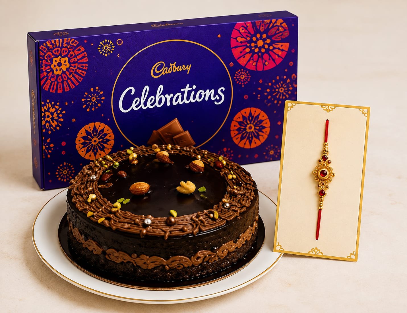 Raksha Bandhan Chocolate Cake with Cadbury Celebrations Gift Box & Designer Rakhi Combo