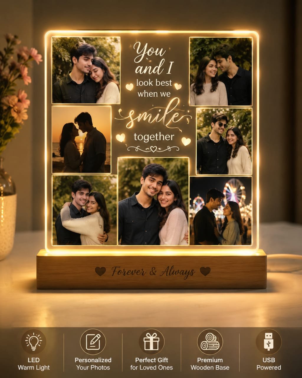 Personalized LED Photo Frame with Wooden Base – You & I