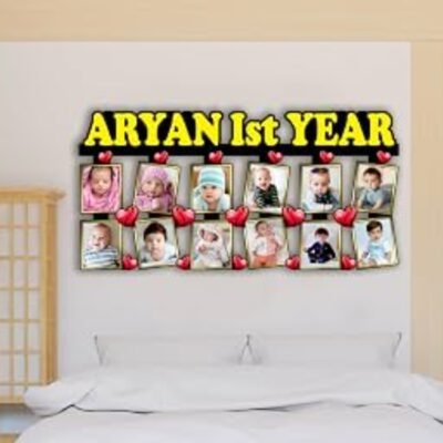 Personalized Baby 1st Year Photo Collage Frame – Custom Name & 12 Photos