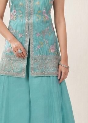 Women’s Turquoise Blue Embroidered Kurta Palazzo Set | Feeling Celebration