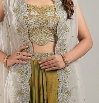 Women’s Olive Green Embroidered Lehenga Choli with Organza Jacket | Feeling Celebration