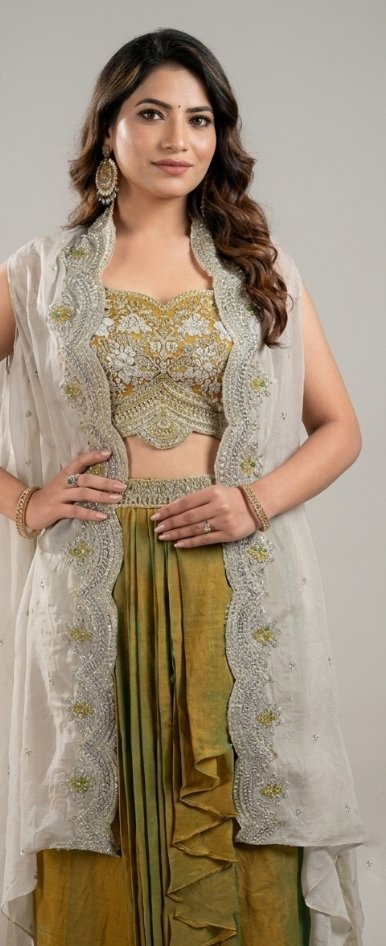 Women’s Olive Green Embroidered Lehenga Choli with Organza Jacket | Feeling Celebration