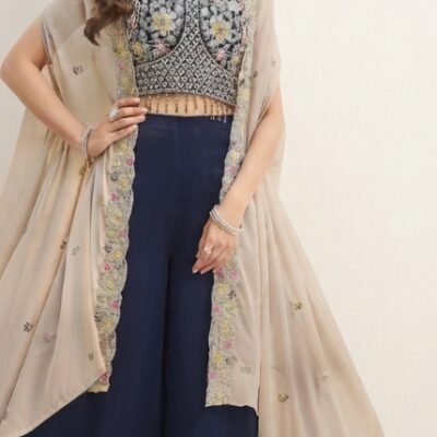 Women’s Navy Blue Embroidered Palazzo Suit with Organza Cape | Feeling Celebration