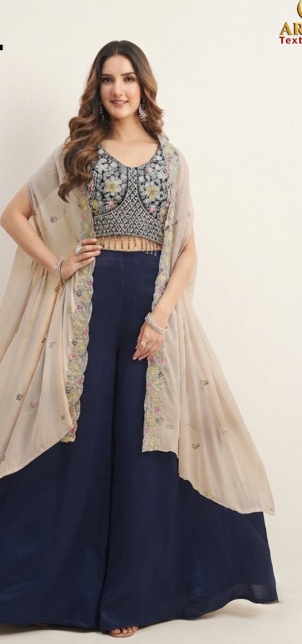 Women’s Navy Blue Embroidered Palazzo Suit with Organza Cape | Feeling Celebration