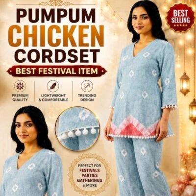 Women’s Sky Blue & Pink Printed Cotton Co-Ord Set | Feeling Celebration