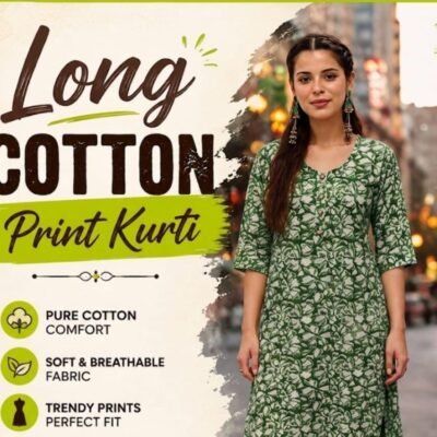 Women’s Green Floral Print Long Cotton Kurti | Feeling Celebration