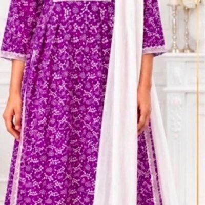 Women’s Purple Floral Printed Kurta Pant Set with White Dupatta | Feeling Celebration