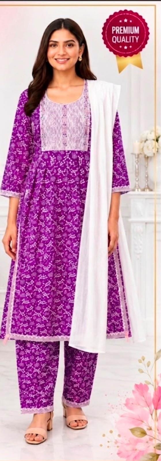 Women’s Purple Floral Printed Kurta Pant Set with White Dupatta | Feeling Celebration