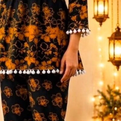 Women’s Black & Orange Floral Printed Co-Ord Set with Pom-Pom Detailing | Feeling Celebration