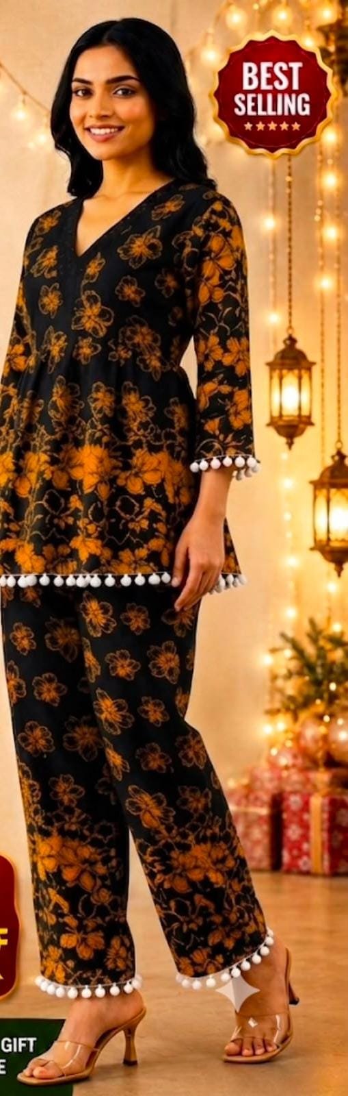 Women’s Black & Orange Floral Printed Co-Ord Set with Pom-Pom Detailing | Feeling Celebration