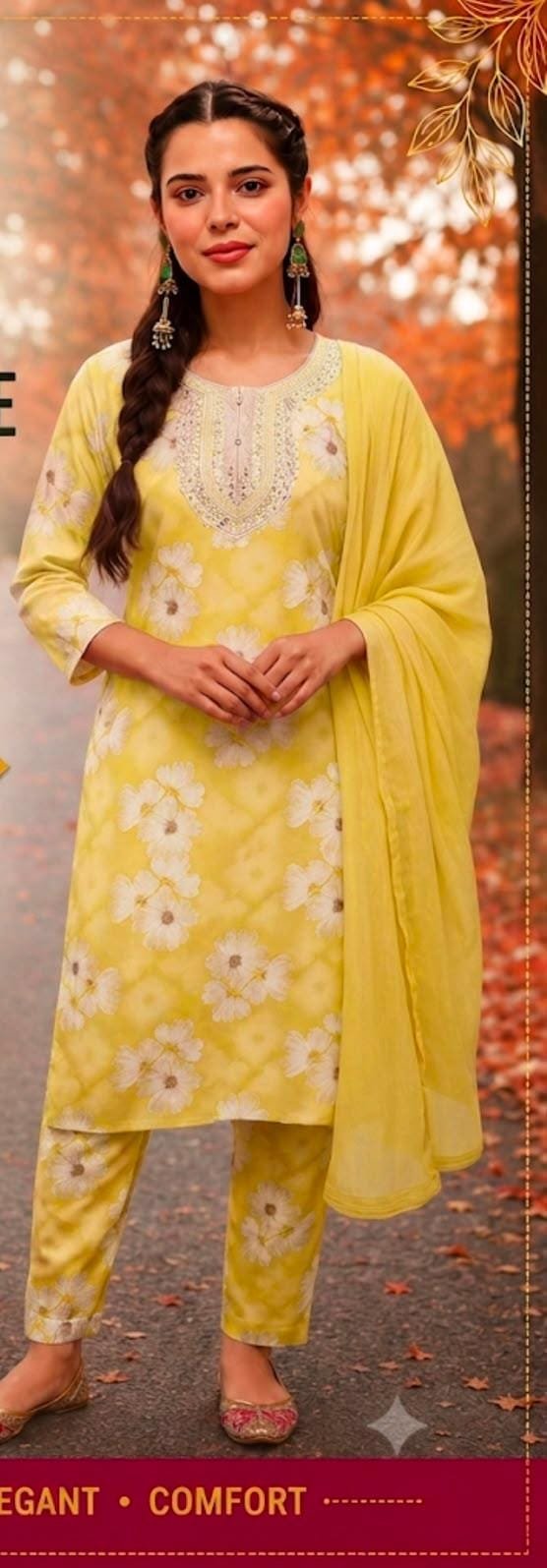 Women’s Yellow Floral Printed Kurta Pant Dupatta Set | Feeling Celebration