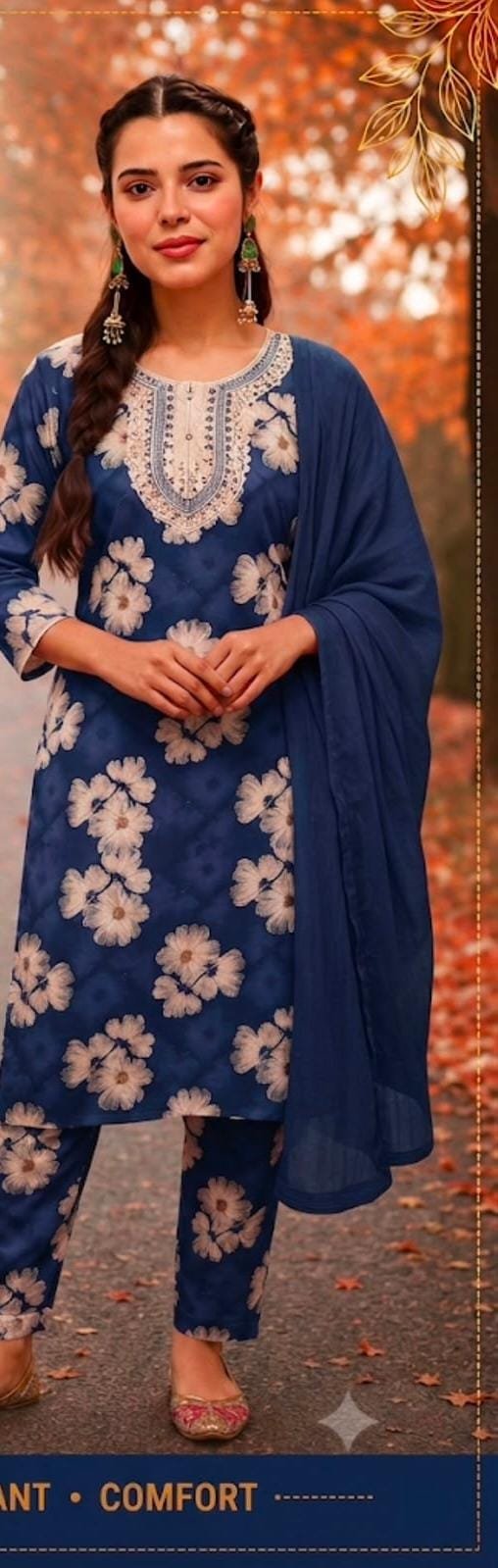 Women’s Navy Blue Floral Printed Kurta Pant Dupatta Set | Feeling Celebration