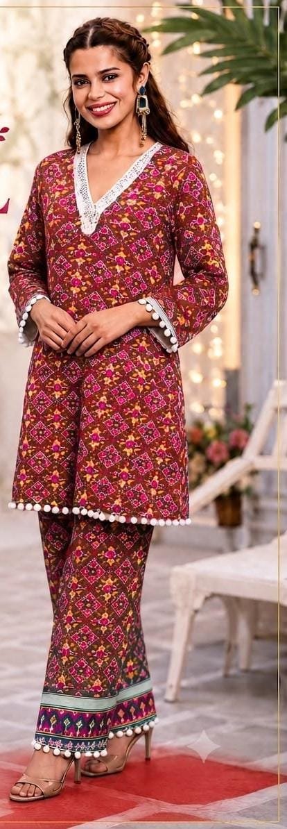 Women’s Brown & Multicolor Printed Kurta Pant Set | Feeling Celebration