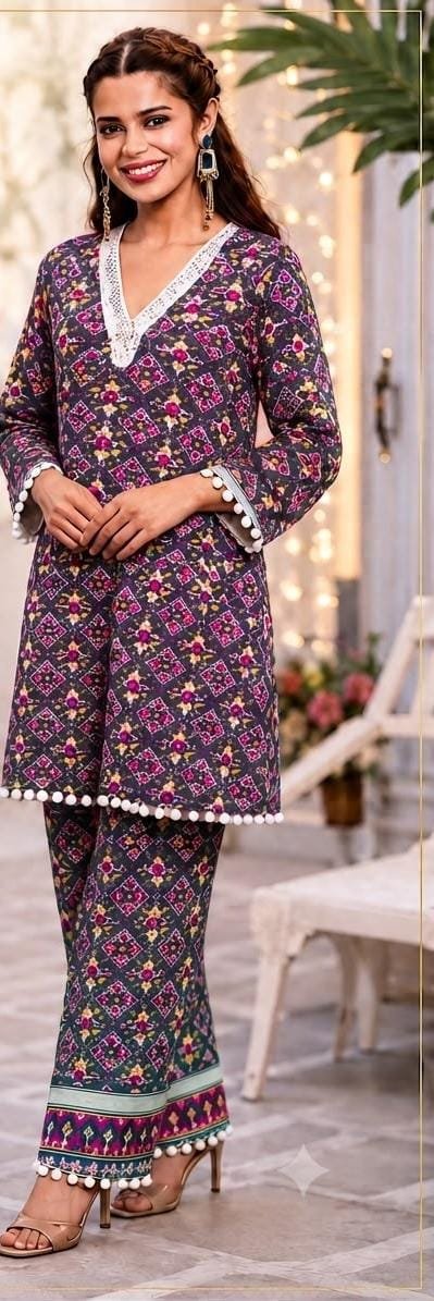 Women’s Charcoal Grey & Pink Printed Kurta Pant Set | Feeling Celebration