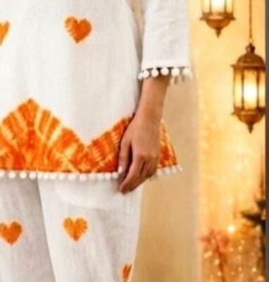Women’s White & Orange Printed Kurta Pant Set | Feeling Celebration