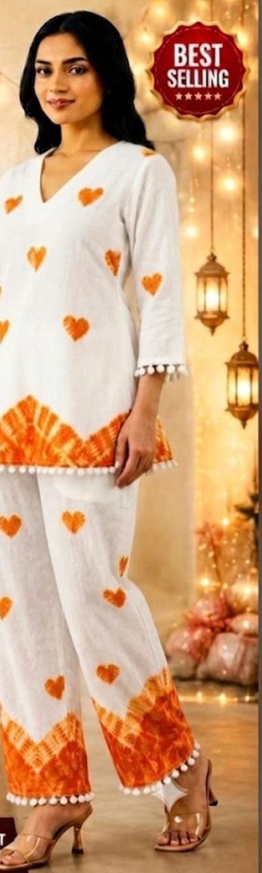 Women’s White & Orange Printed Kurta Pant Set | Feeling Celebration